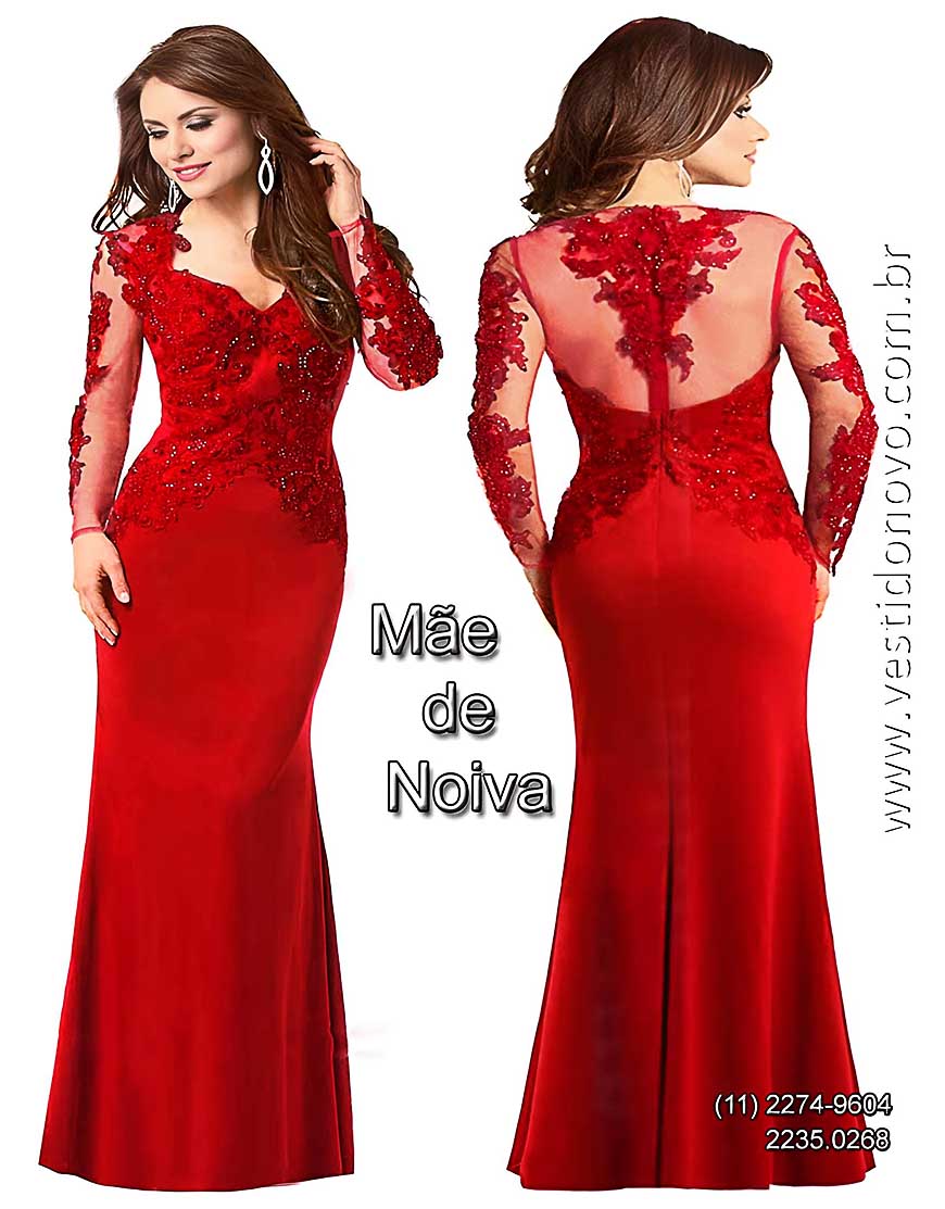 Vestido vermelho, me da noiva, manga comprida,bordado e pedraria